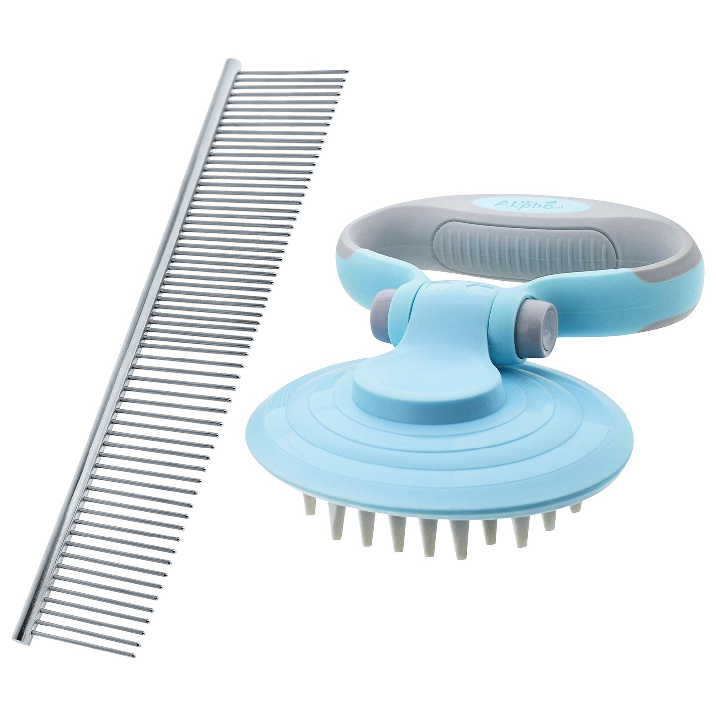 MiMu Dog Bath Brush Scrubber with Handle and Comb - Rubber Tip Pet Massage Brush