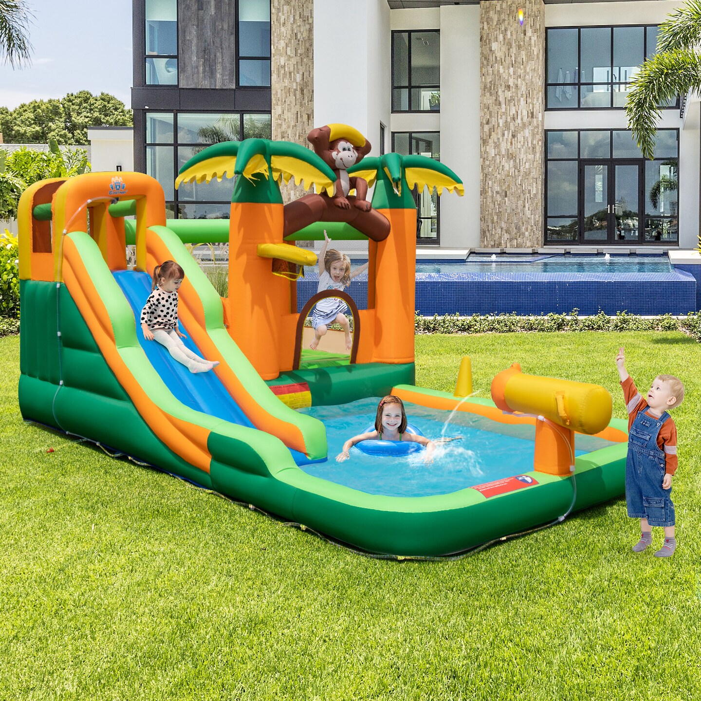Monkey-themed Inflatable Water Slide with Jumping Area and Pool