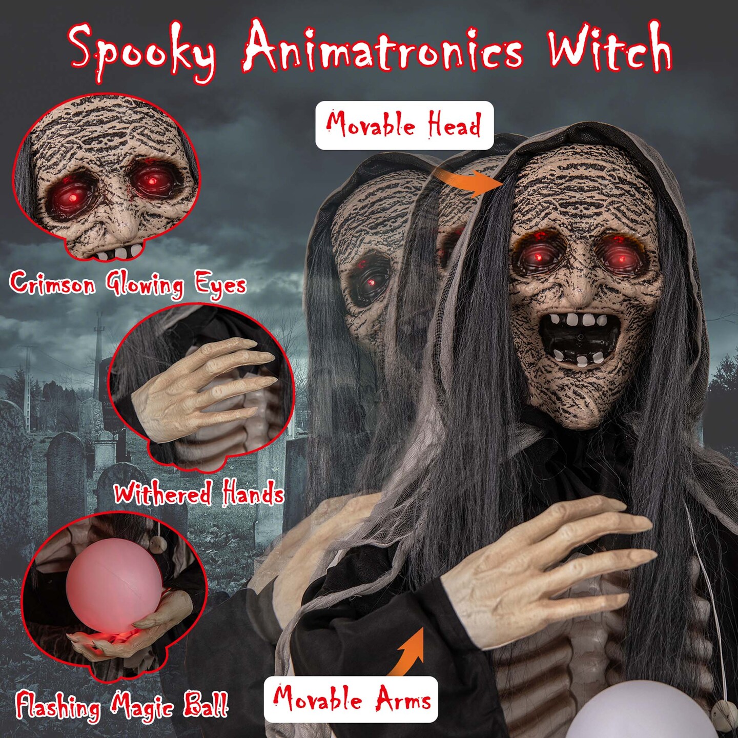 Costway 6ft Halloween Animatronics Standing Witch Talking Animated Wicked Witch with Light Up Eyes &#x26; Magical Ball Sound Activated