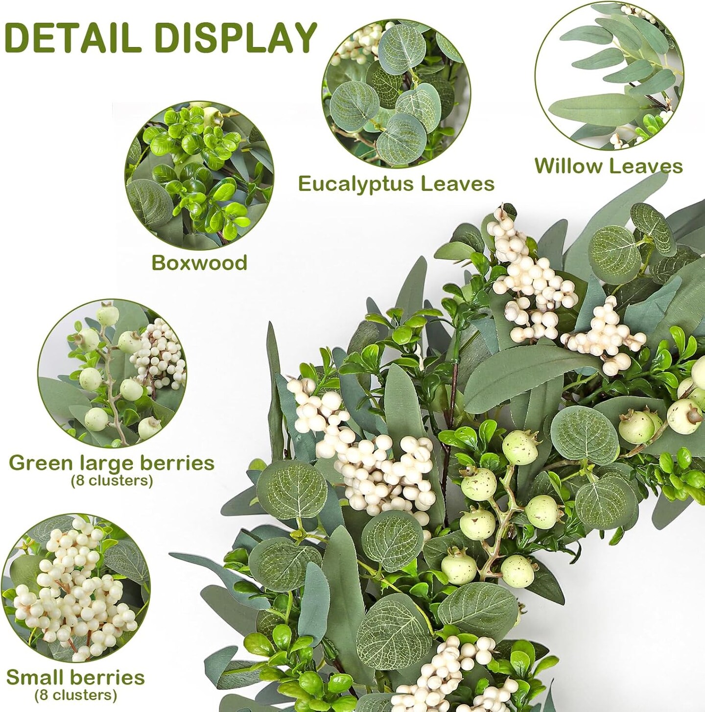 Green Eucalyptus Wreath for Front Door, 20 Inch Artificial Eucalyptus Leaves Wreath with Big Berries Boxwood Spring Greenery Wreath Decor
