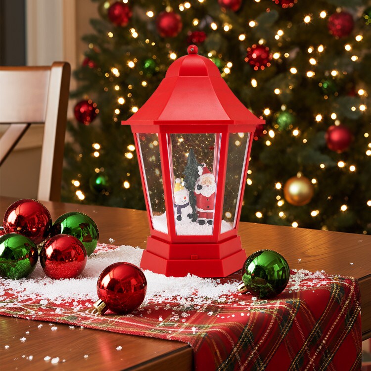 Red LED Christmas Street Lamp with Snow Globe Lantern and Santa Snowman Scene, Music