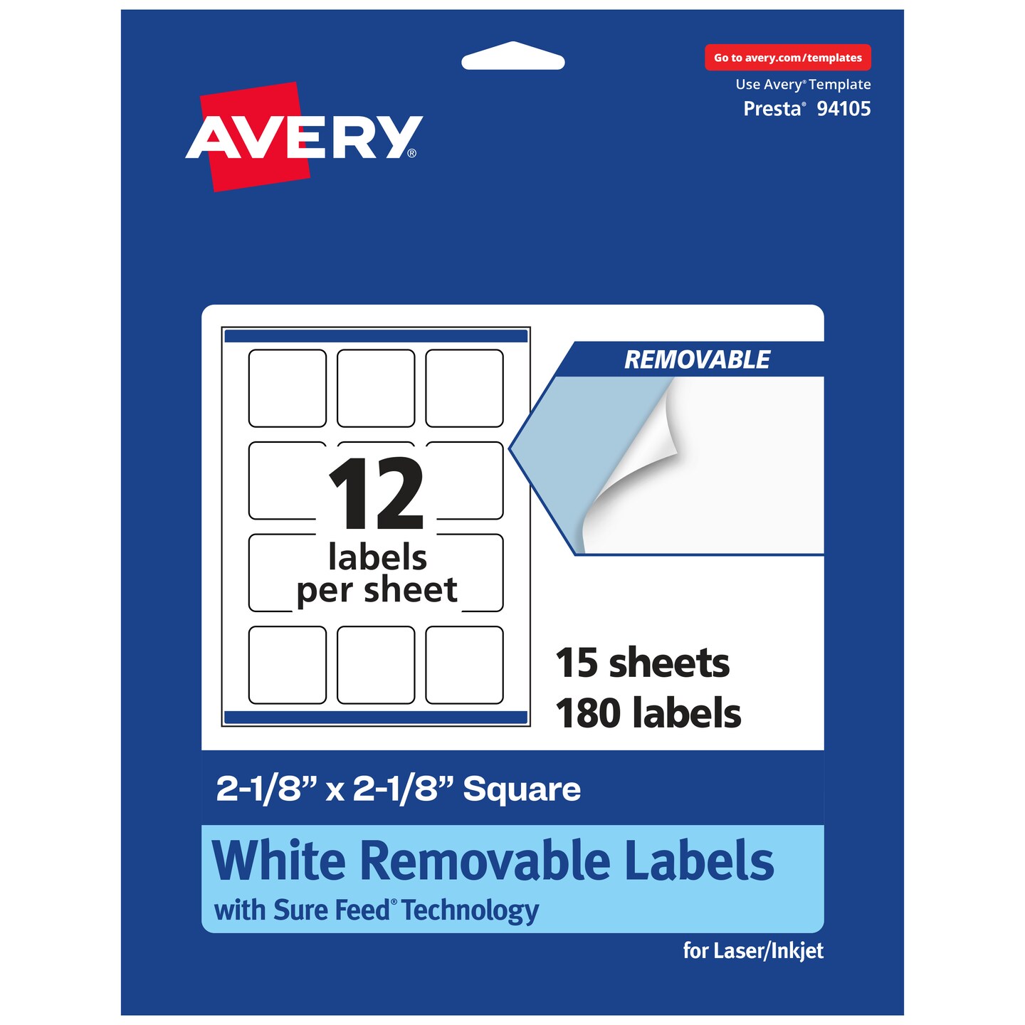 Avery Matte White Removable Square Labels with Sure Feed Technology, Print-to-the-Edge, 2-1/8" x 2-1/8"