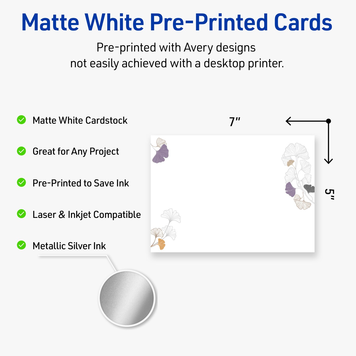 Avery Printable Rectangle Invitation Cards with Sure Feed Technology, Pre-Printed Silver Metallic with Gingko Leaves Design, Matte White, 5" x 7", Laser & Inkjet Compatible, 20 Total