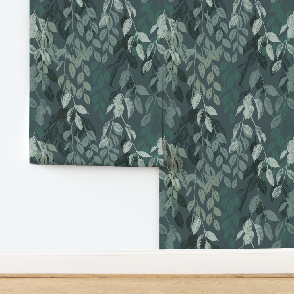 Botanical Vines Serene Nature Calm Leaves Teal Neutral Modern Trees Boho Green Custom Pre-pasted Wallpaper by Spoonflower Pre-Pasted Wallpaper 2FT Wide