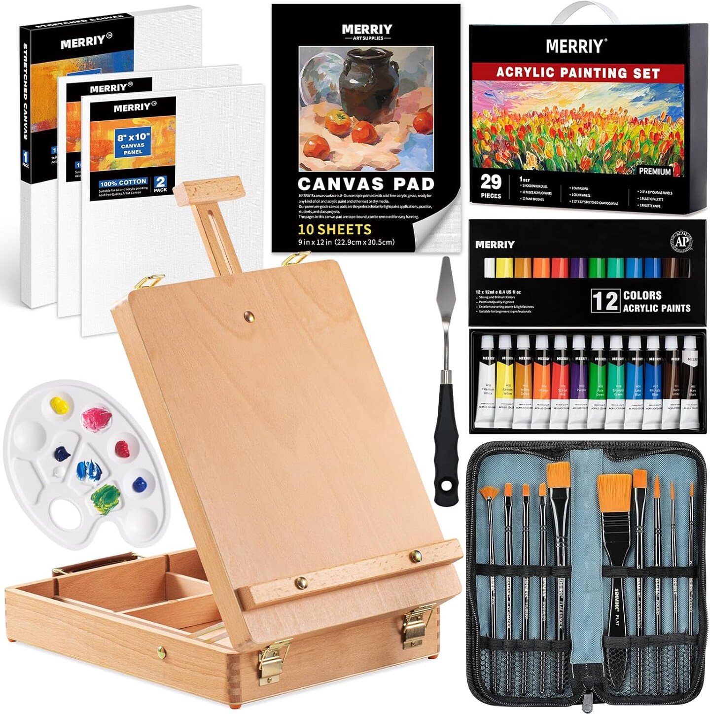 Artist Acrylic Paint Set, Painting Supplies Kit with Tabletop Sketch Box Easel, 12 Colors Acrylic Paints,10"x 12" Stretched Canvas,Premium Acrylic Painting Set for Artist Adults, Beginners