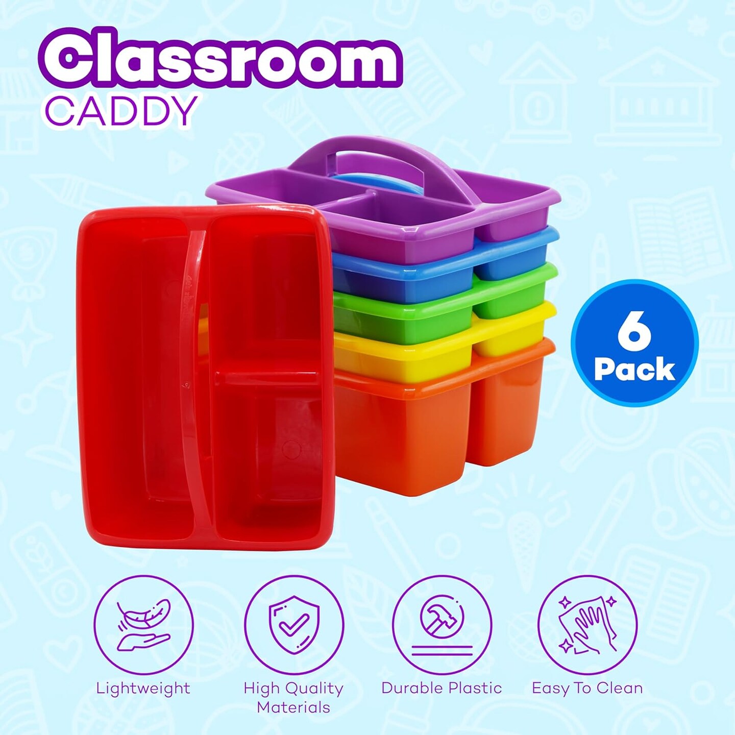 4E&#x2019;s Novelty Classroom Caddy Set of 6, Plastic Caddies for Supply, Caddy Organizer with Handle for Classroom, Rainbow Colors, Desk Caddies for Supplies Keep Desks and Work Stations Organized