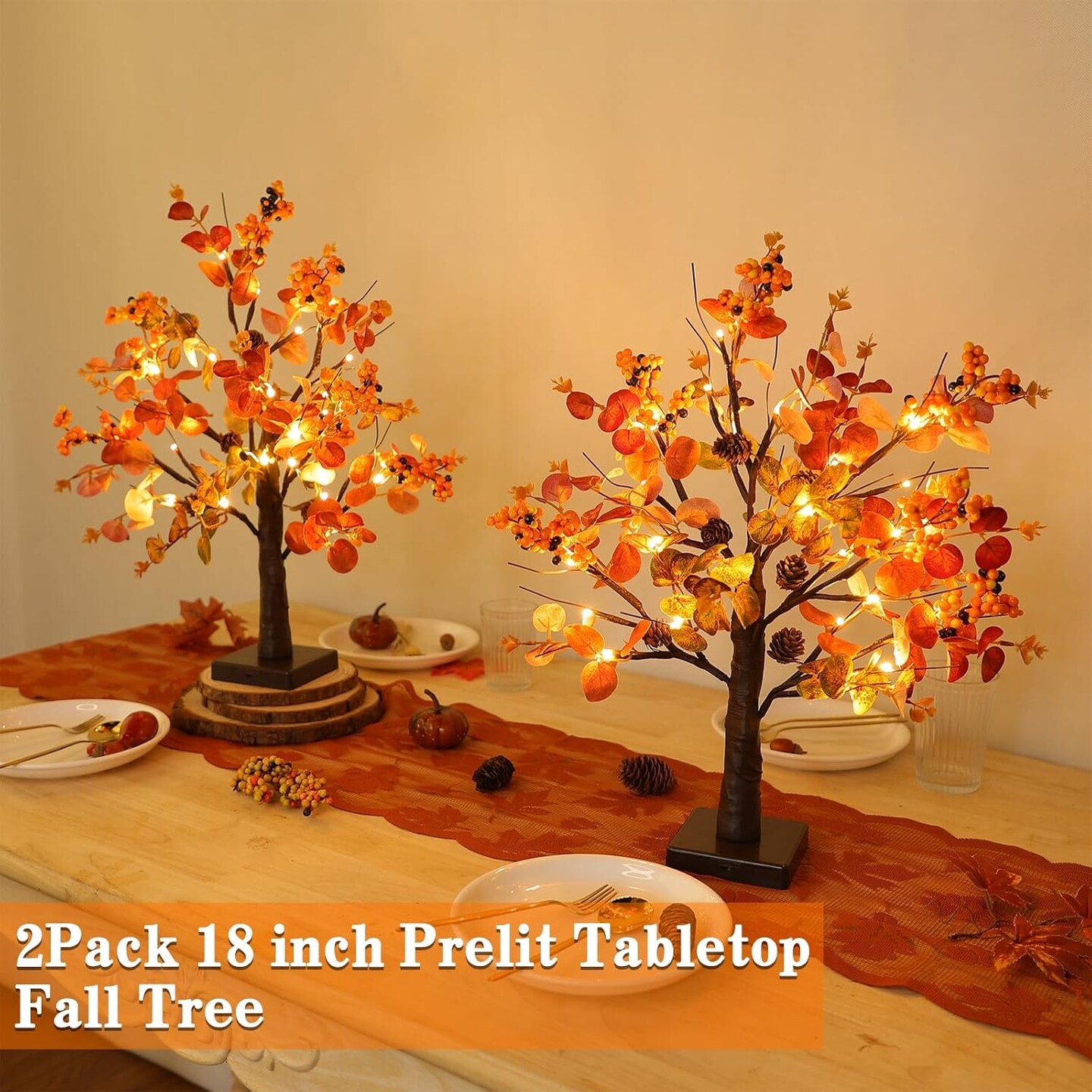 2 Pack Fall Decor Tabletop Fall Tree with 48 LED Battery Operated,18 Inch