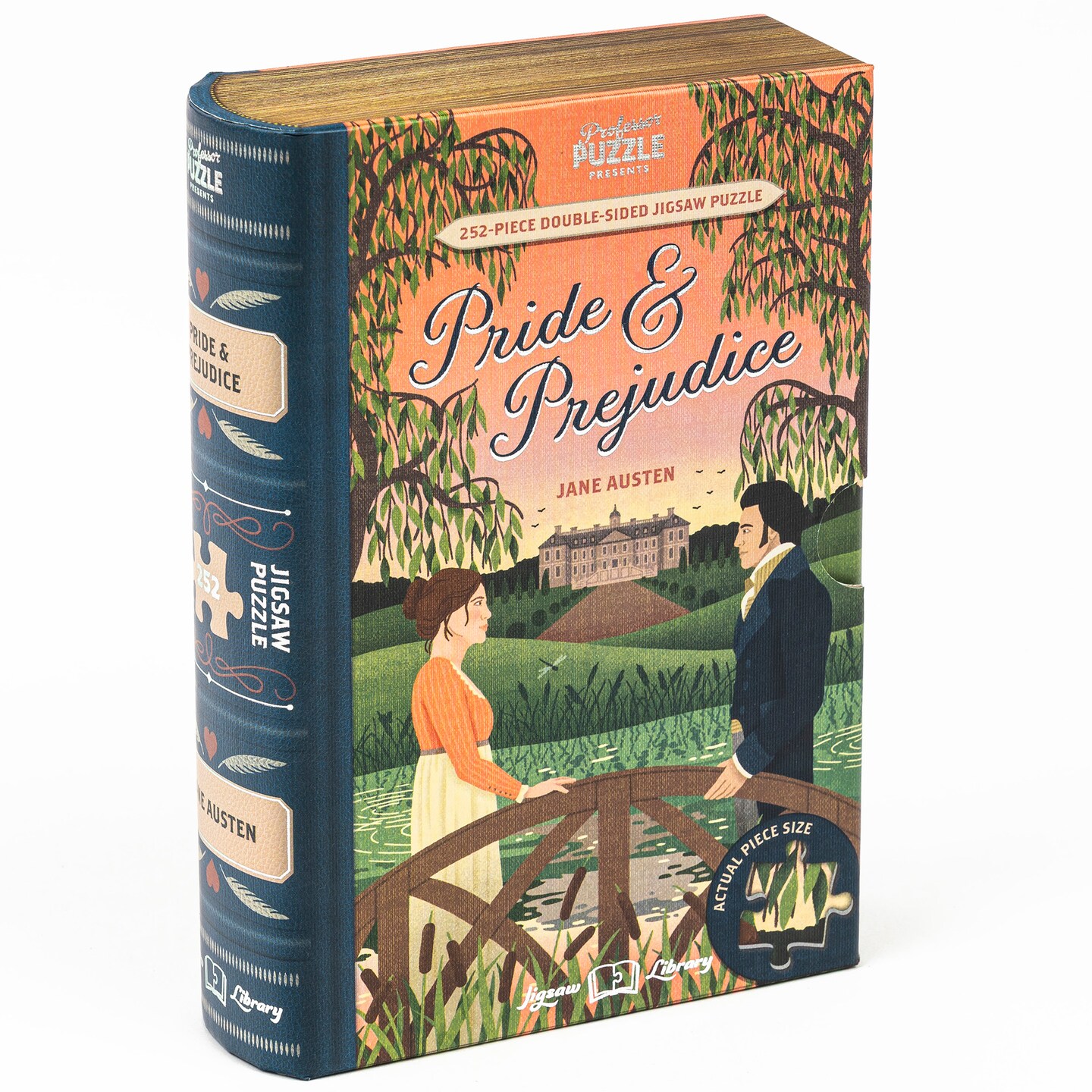 Professor Puzzle: Jigsaw Library - Pride &#x26; Prejudice - 252 Piece Double-Sided Puzzle, Illustrated Book Scene, 19.4x14.5&#x22;, Collectible Book Shaped Box