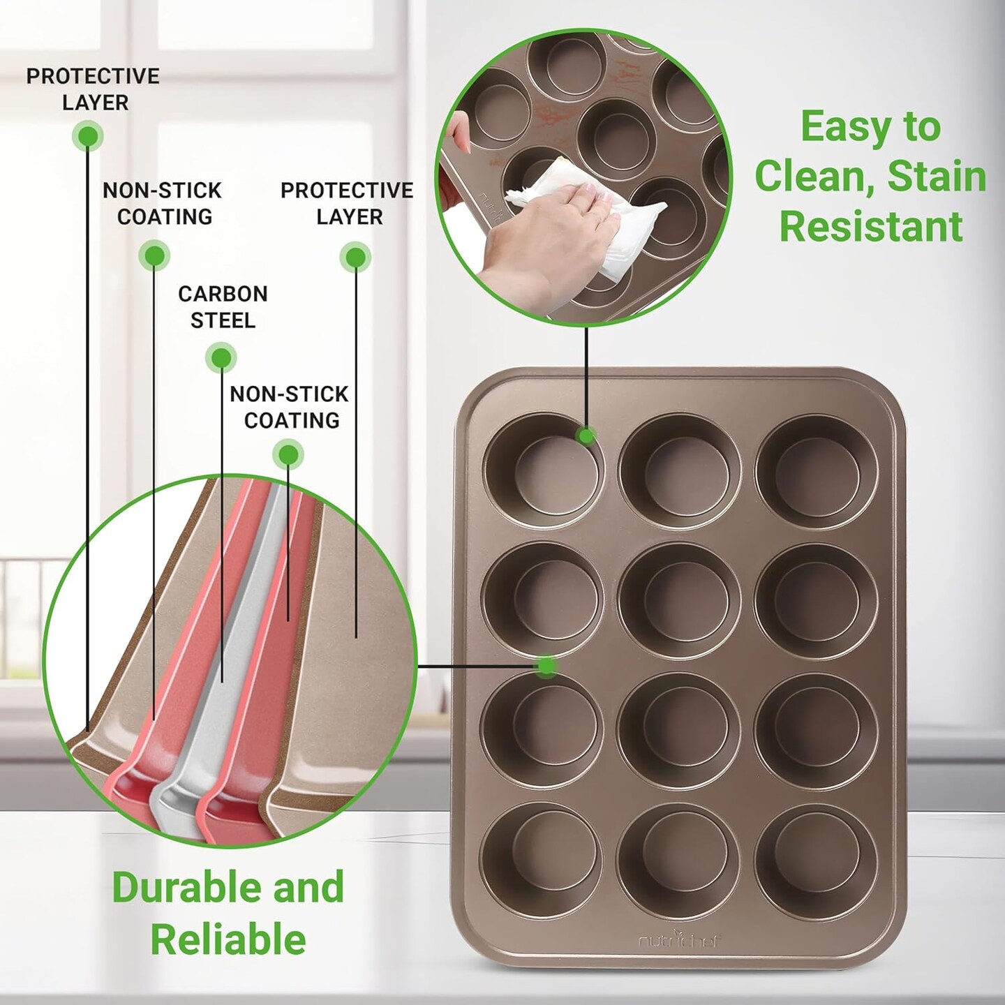 Muffin Pans for Baking, Nonstick 2-Piece Cupcake Tin w/ 12-Cups, Carbon Steel Stackable Cup Cake Tray, Dishwasher Safe - Gold