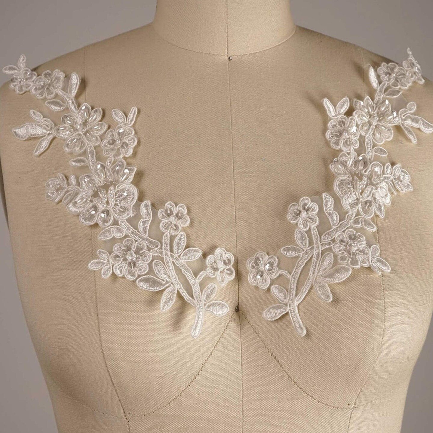 White Beaded Bridal Appliques 10" Sequin Lace Pair for Veils or Wedding Gowns