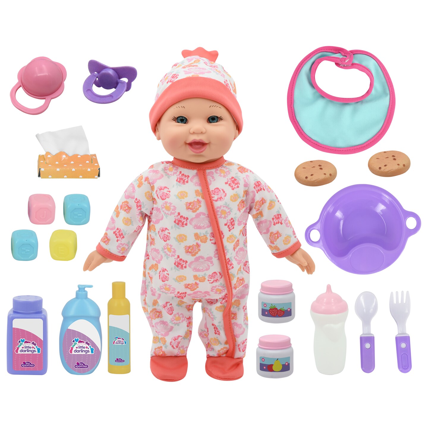 Little Darlings: Bouncing Baby Playset - 12&#x22; Doll - Pink &#x26; White - 10 pc Care Accessories, Bounces &#x26; Giggles, Soft Body, Interactive Toy, Kids Age 2+