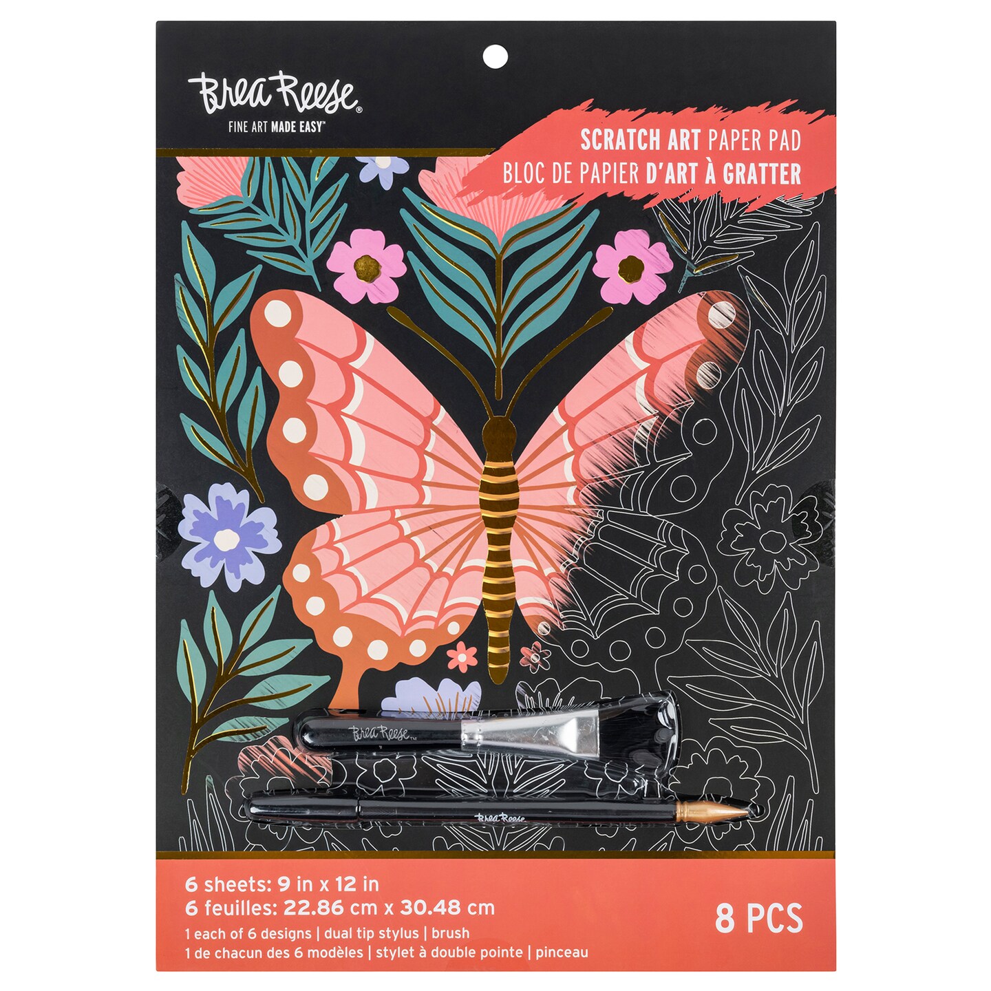 Brea Reese: Scratch Art Paper Pad - Butterfly Garden - 6 Designs, Metallic Guided Art, Dual-Tip Stylus &#x26; Brush, Easy-to-Frame 9x12&#x22; Pages, Adult Craft