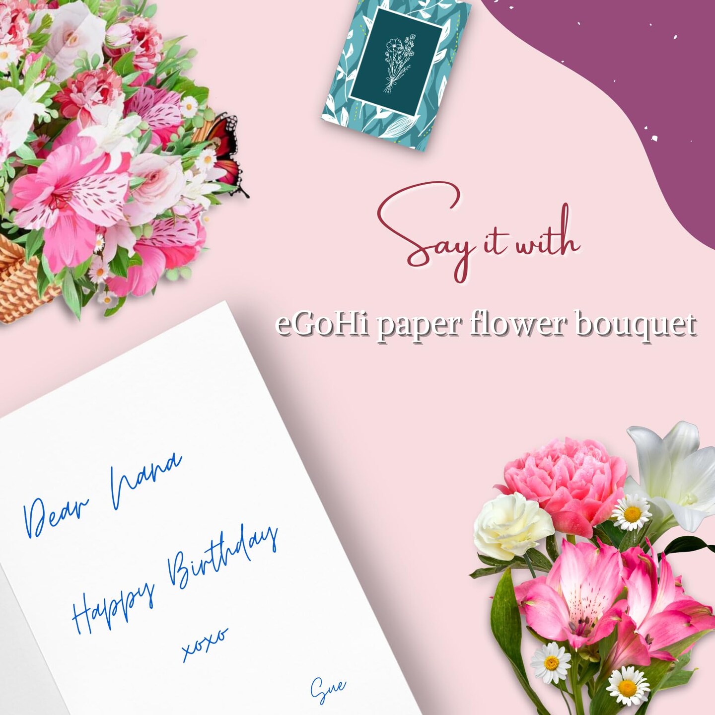 eGoHi Large Paper Flower Basket Card, Pop Up Cards, 10 inches with Note Card and Envelope - Blushing Palette