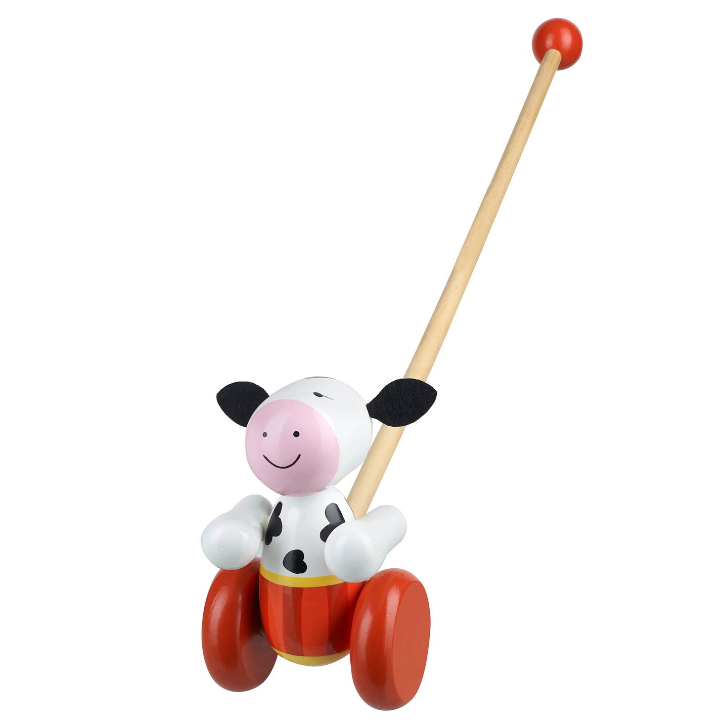 Orange Tree Toys: Push Along: Cow- Wooden Toy, Colorful Wheeled Character w/ Handle, Encourage First Steps, Push &#x26; Pull, Toddler &#x26; Kids, Ages 1+