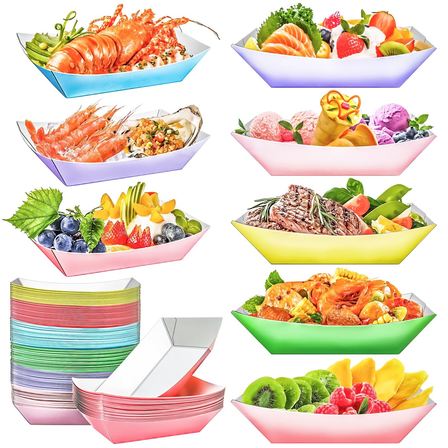 MotBach 100 Pack 3 LB Colorful Paper Food Boat Trays Disposable Paper Boats, Food Boats Colored Paper Food Serving Boat Tray Basket for Snack Burger BBQ Popcorn Taco Fries Carnival Festival Nacho