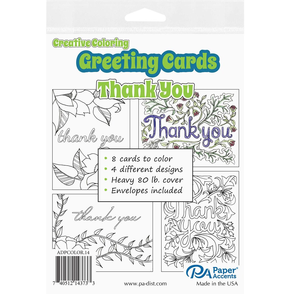 Accent Design Paper Accents Creative Coloring Card &#x26; Envelopes, Thanks You, 8Pc, 4.25x5.5, Adult Coloring Cards, Cards For Adults, Cards, Greeting Cards To Color