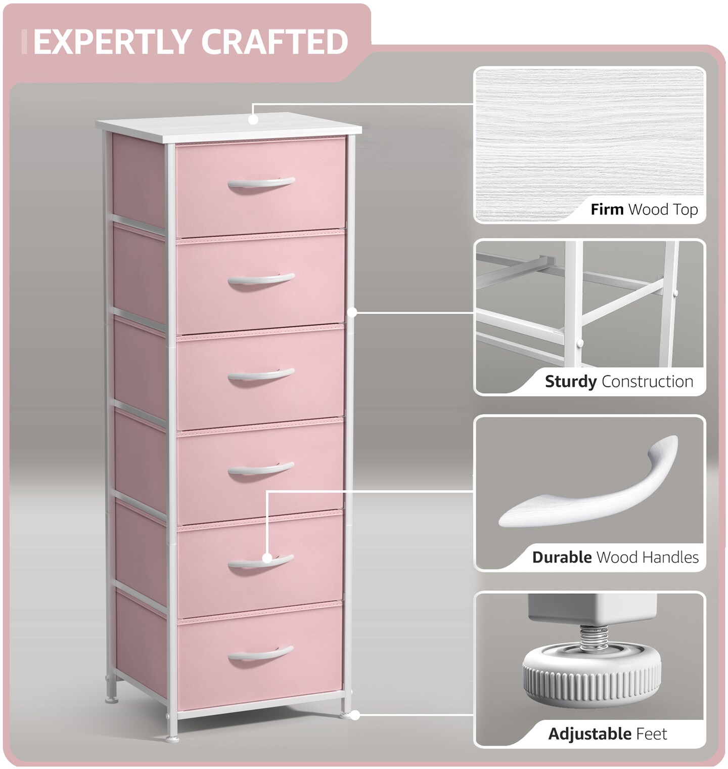 Sorbus 6 Drawers Tall Dresser with Steel Frame, Wood Top &#x26; Easy Pull Foldable Fabric Bins