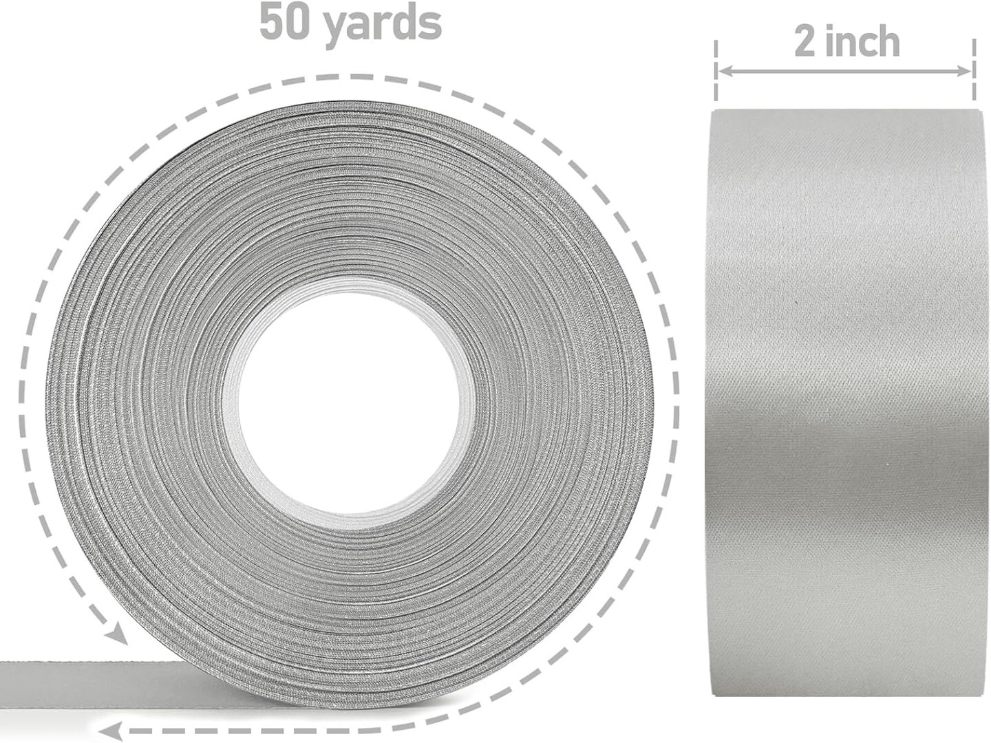 2 Inch Double Face Satin Ribbon Grey, 50Yards Craft Fabric Ribbon for Gift Wrapping, Floral Bouquets, Wedding Decoration