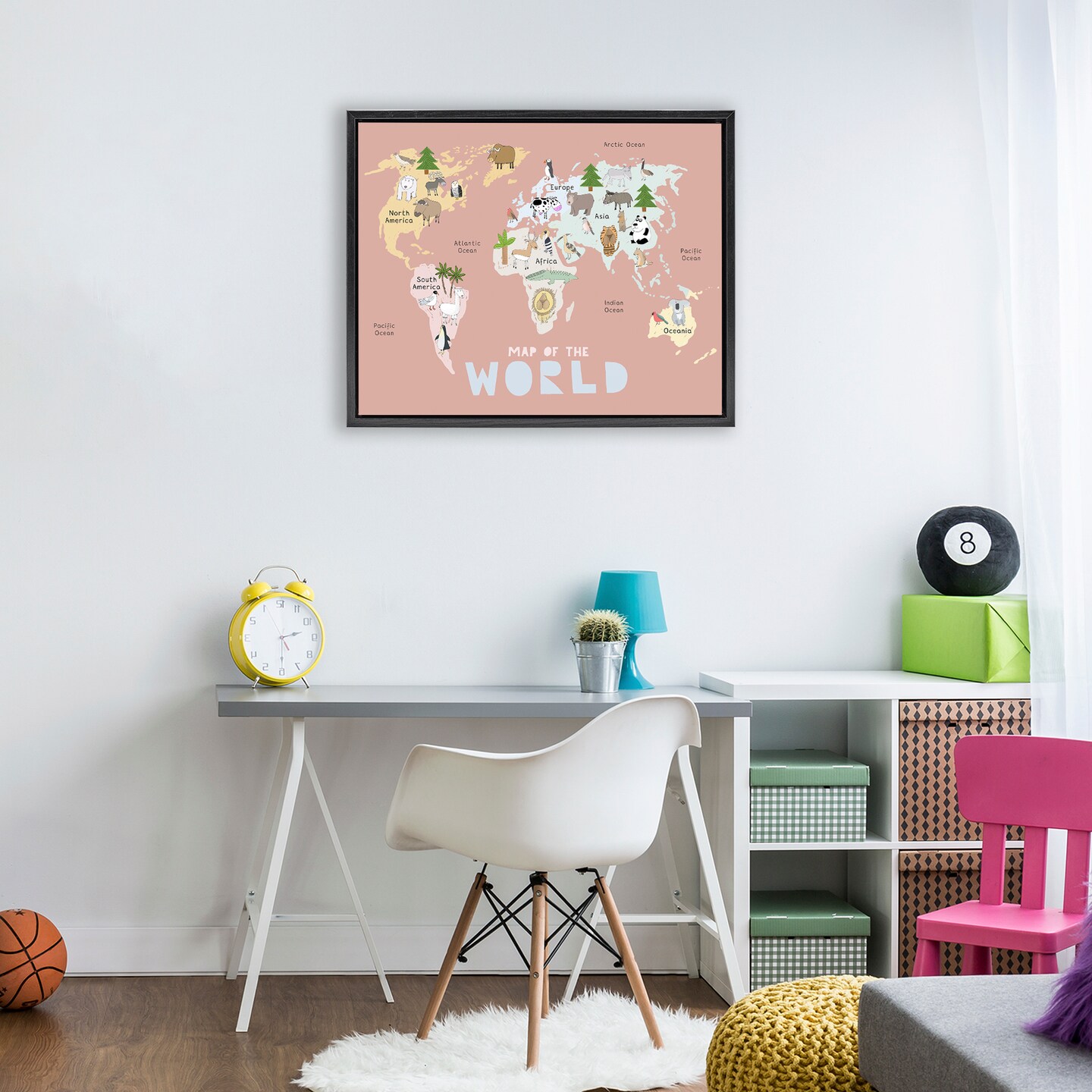 Stupell Industries Kid's Map Of World Pink Floating Frame, design by Carla Daly