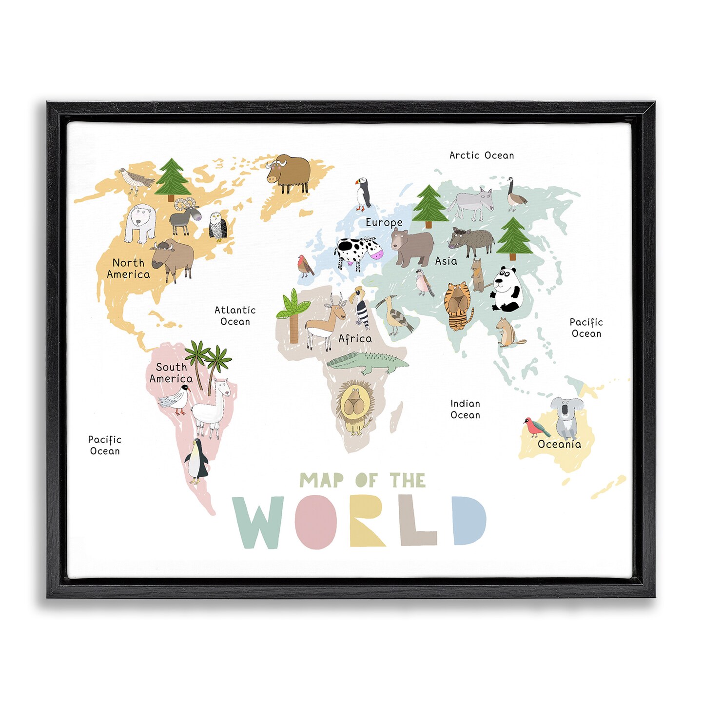 Stupell Industries Map Of World Pastel Animals Floating Frame, design by Carla Daly