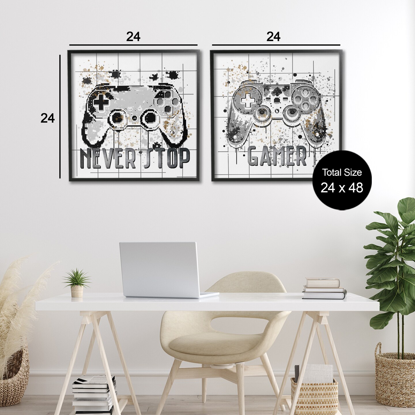 Stupell Industries Gamer Words with Modern Pixels 2pc Framed Giclee Set, design by Kim Allen