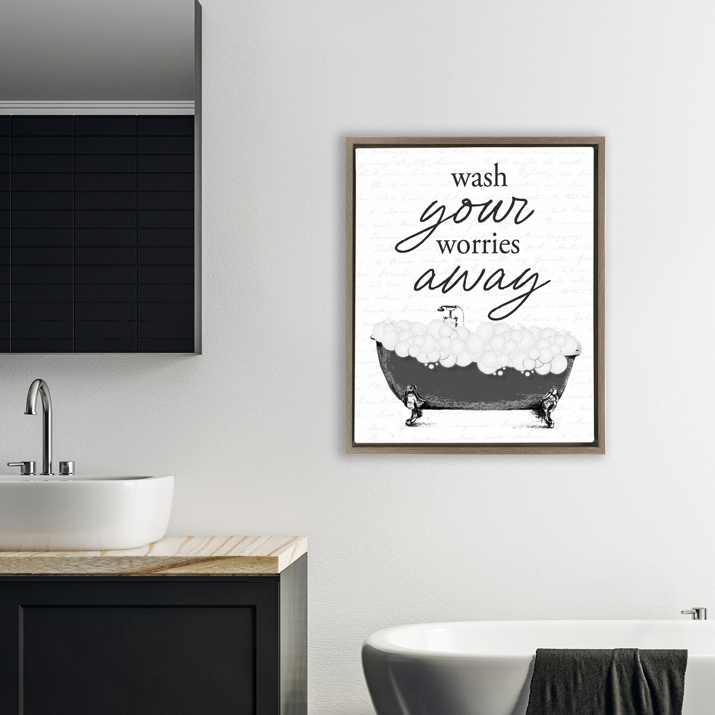 Stupell Industries Bubble Bath Wash Worries Floating Frame, design by Lettered and Lined