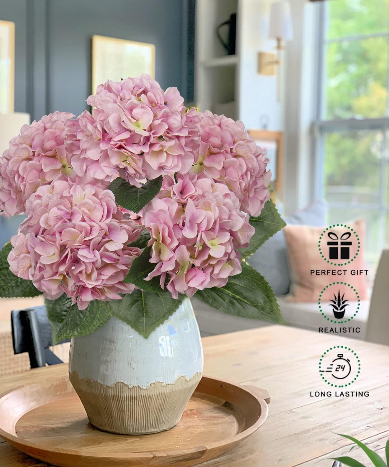 Spring Tabletop Decor – Pink Artificial Hydrangea Silk Flowers, Large Faux Hydrangea Stems for Dining Table Centerpieces, Home, Kitchen & Wedding Decorations