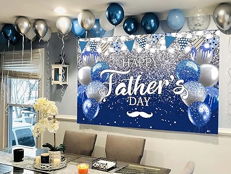 7x5ft Blue and Silver Glitter Happy Father's Day Backdrop - I Love Dad Large Photography Background Banner | Thank You Daddy Festival Party Supplies, Family Photo Booth Props for Video & Wall Decor