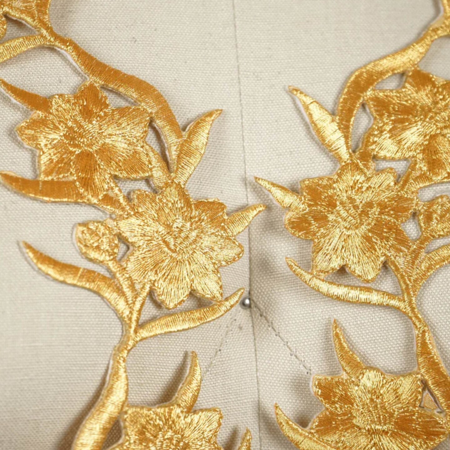 Gold Rose Embroidery Patch Pair Long Metallic Iron On Appliques 12.5 Inch