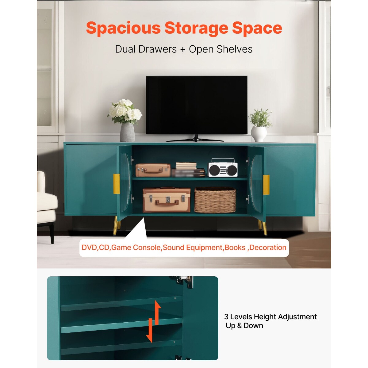 75 Inch TV Stand with Glass Doors, Adjustable Shelves & Gold Legs