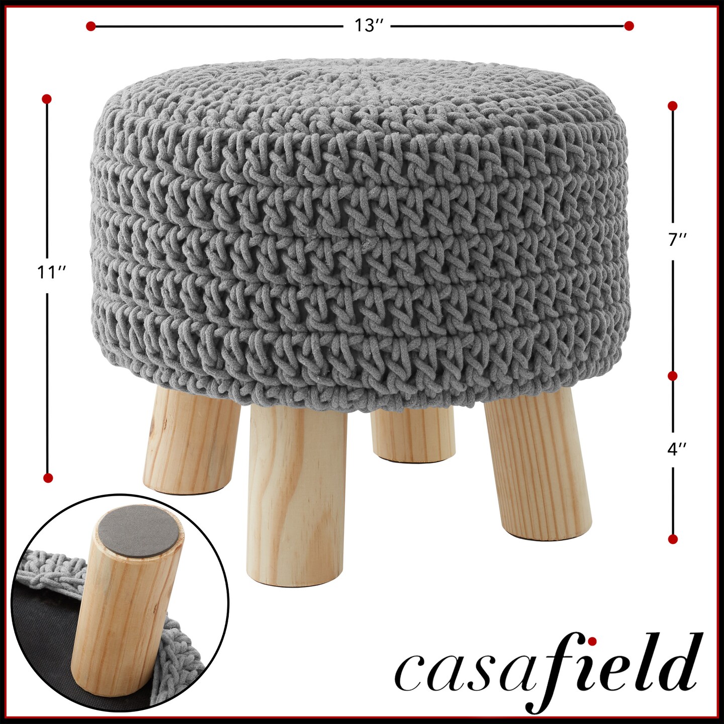 Pouf Ottoman Footstool, 13" Round x 11" High, Hand-Knitted Cotton Footrest, Non-Skid Wood Legs, Boho Foot Stool for Living Room, Bedroom