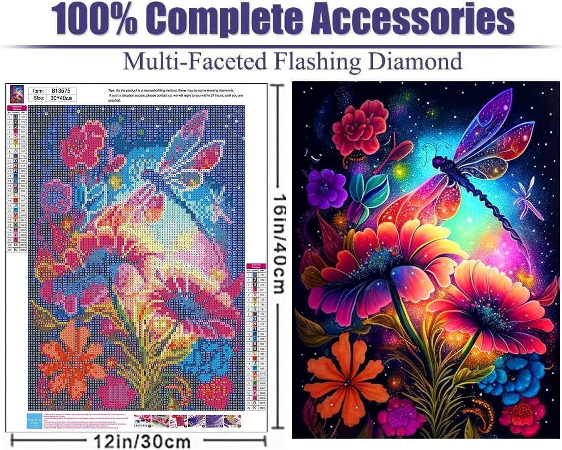 Dragonfly Diamond Painting Kits DIY 5D Flowers Diamond Art Kits for Beginners Adults Full Drill Diamond Painting Kits for Home Wall Decoration Gift 12x16 inch.