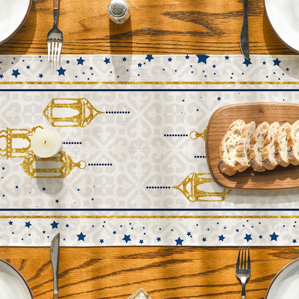 White Moon Star Gloden Ramadan Table Runner, Seasonal Summer Holiday Kitchen Dining Table Decoration for Home Party Decor 13 x 72 Inch