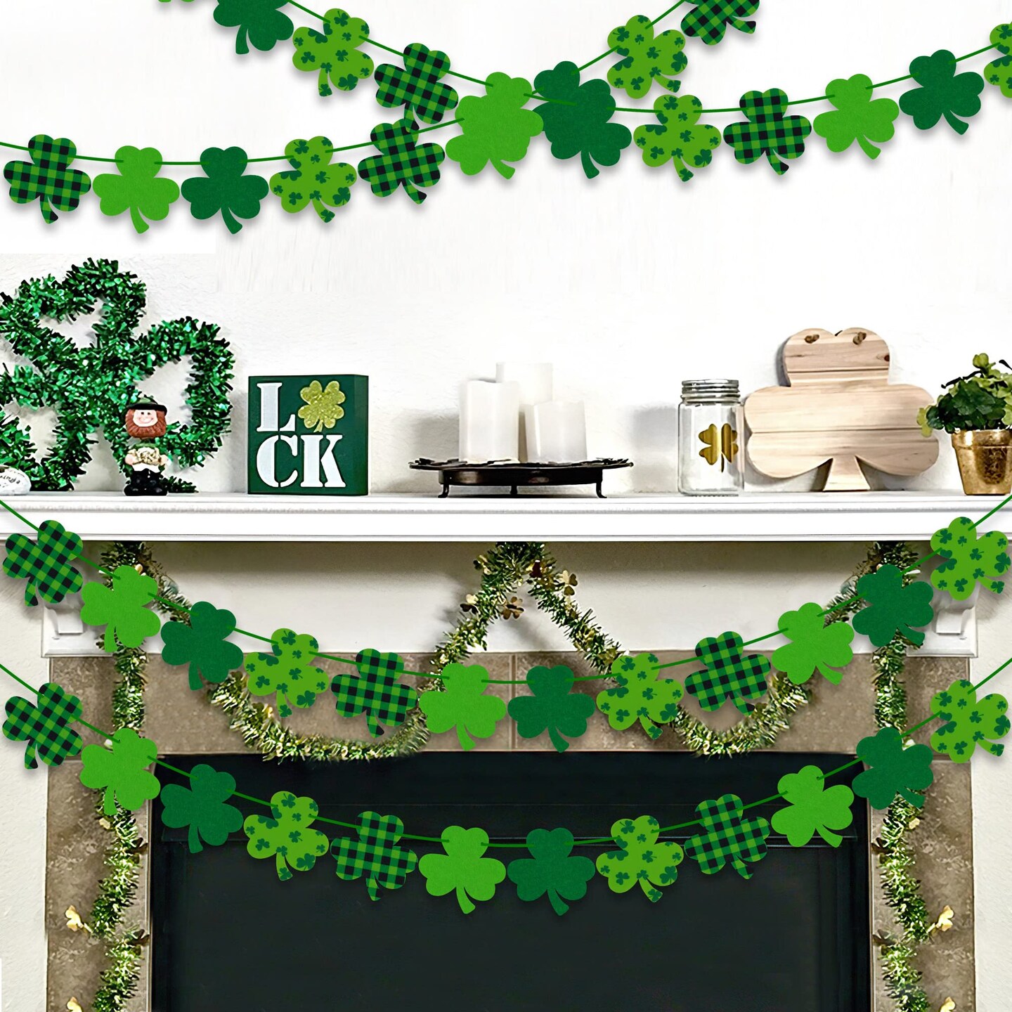 4PCS Felt Shamrock Clover Garland Banner - NO DIY, St. Patrick&#x27;s Day Decorations - Buffalo Plaid Dark Green Light Green Happy St. Patrick&#x27;s Day Banner for Home Mantel Office Irish Day Party Supplies
