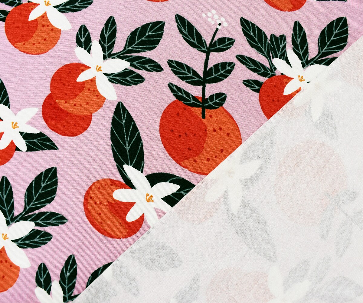 Orange-Multi Rayon Modal Fruit Floral Print Stretch Spandex Jersey Knit Fabric By the Yard