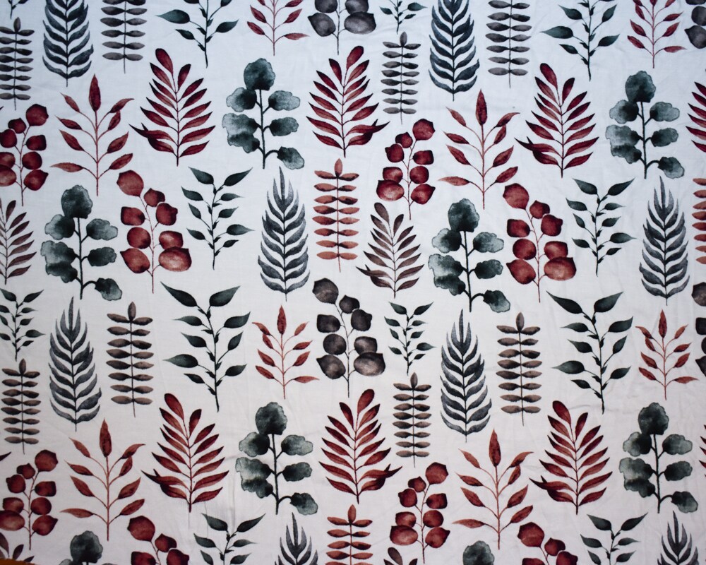 Red-Green-Multi Rayon Modal Leaves Print Stretch Spandex Jersey Knit Fabric By the Yard