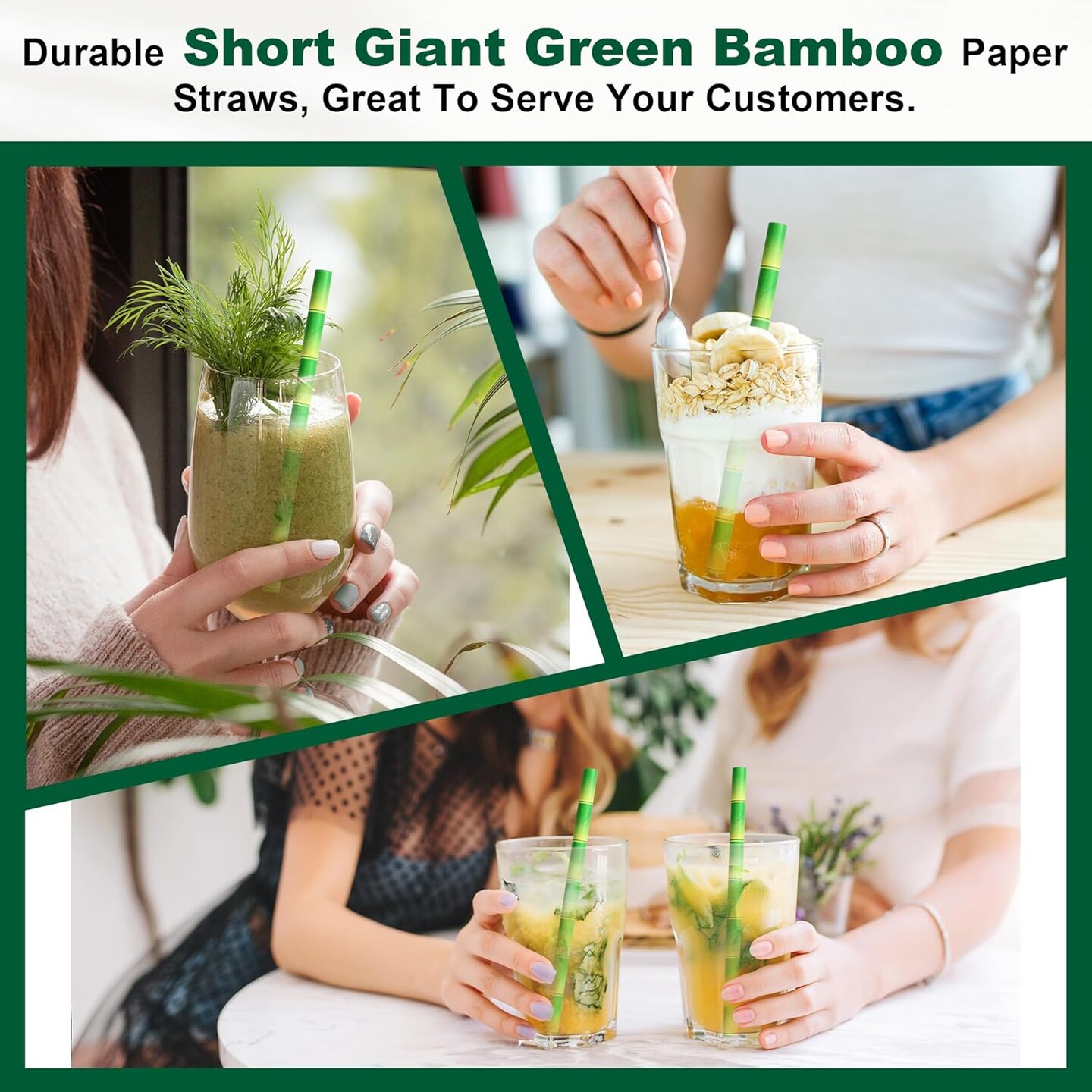5.75" x 0.31" Green Bamboo Disposable Paper Drinking Straws for Short Drinks, Blended Cocktails, Margaritas, Smoothies, Milkshakes - Unwrapped