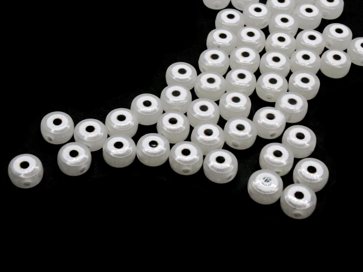 50 7mm Glow in the Dark Black and White Evil Eye Small Smooth Flat Round Disc Plastic Beads