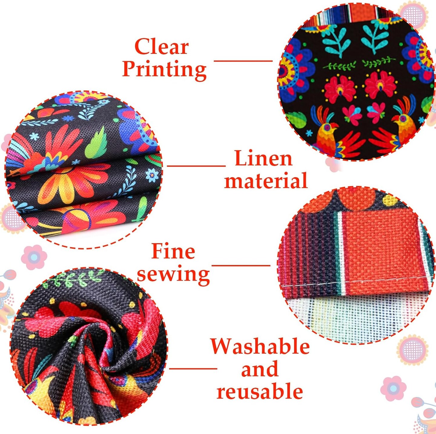 6pcs Linen Mexican Fiesta Table Runner Decoration 72×13inch Long Cinco De Mayo Dia De Los Muertos Runners Farmhouse Runner Day of The Dead Decor and Supplies for Kitchen Dining Home Table Decoration