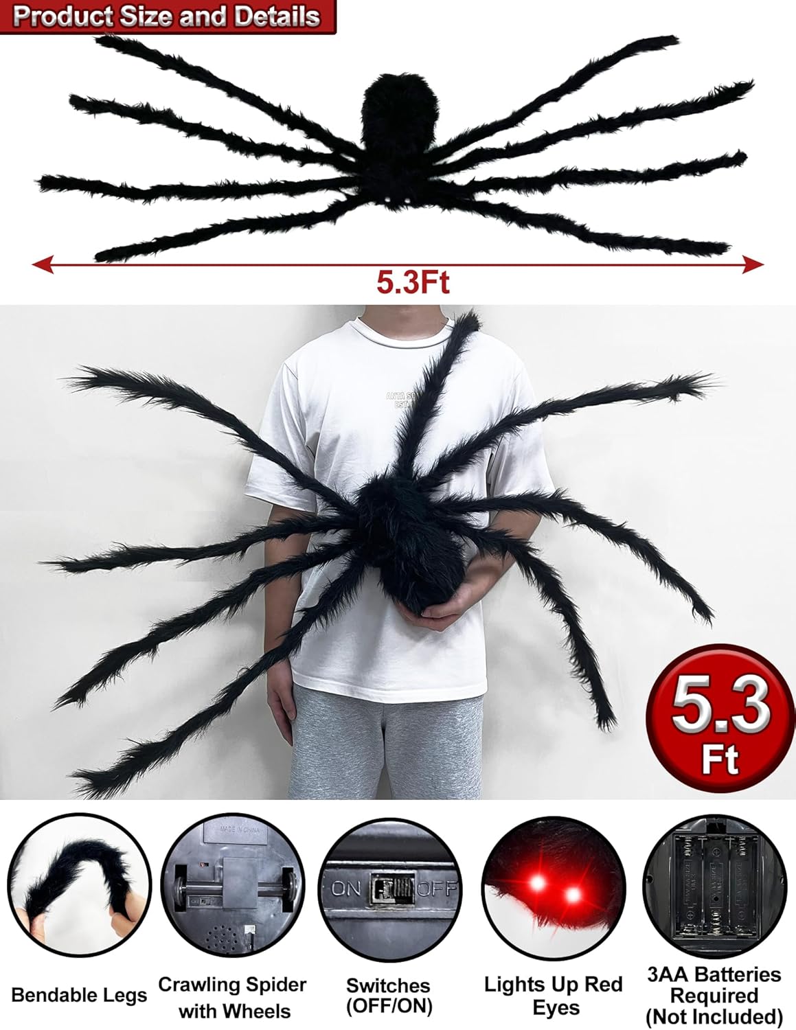 5.3 Ft Gaint Halloween Spider Decorations Black Hairy Crawling Spide with Red Lighted Eyes,Hissing Sound Sensor Halloween Animatronics Decorations Scary Spider for Party Haunted House Outdoor Indoor