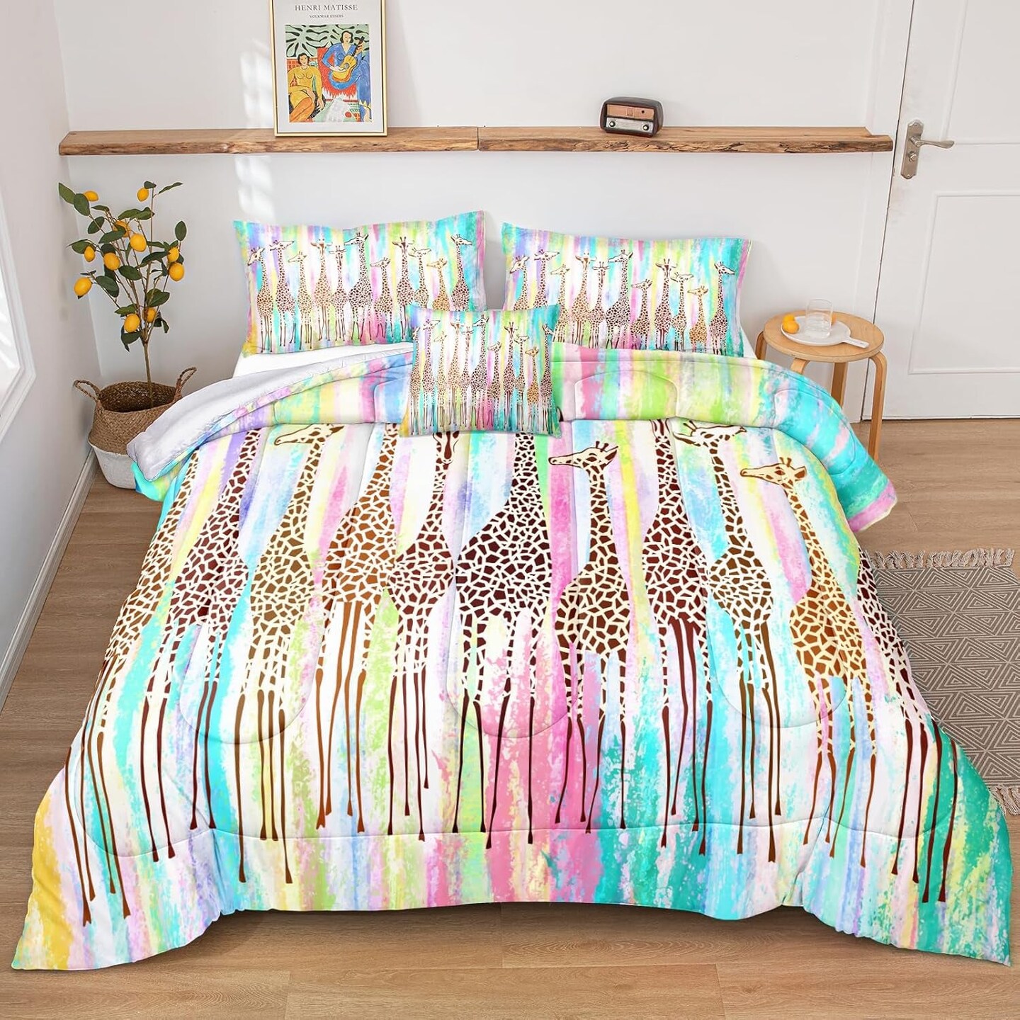 Rainbow Giraffe Comforter Set Queen Size Kids Girls Boys Zoo Park Bedding Set 4 Pcs Cartoon Animal Quilt Duvet for Kids Girls Boys Lightweight and Soft Microfiber Bedding Set for Room Decor