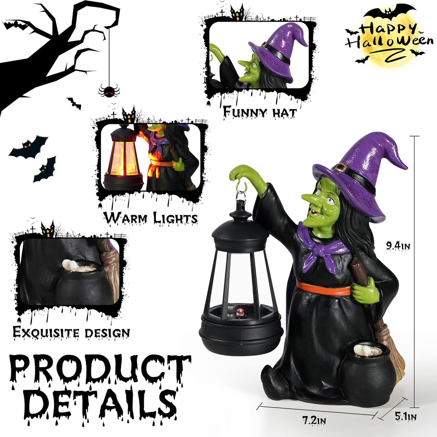 2024 Witch Halloween Figurines - Halloween Decorations Indoor Witch Statue,Halloween Table Decor for Indoor,Spooky Decor with LED Light for Fireplace Home Kitchen Desk Office Party