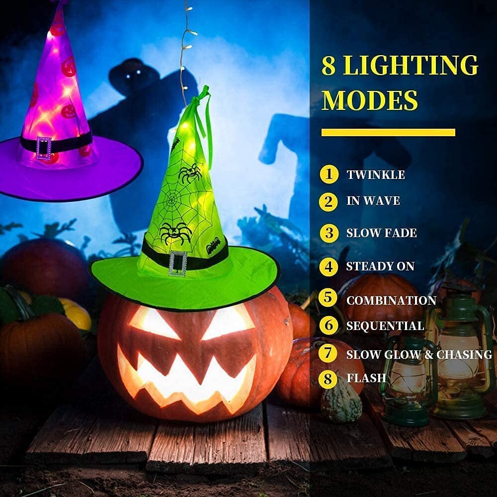 Halloween Decorations Lighted Witch Hats, 8Pcs Hanging Glowing Witch Hats 44Ft Halloween Outdoor Lights String with 8 Lighting Modes for Outdoor, Garden, Yard, Tree