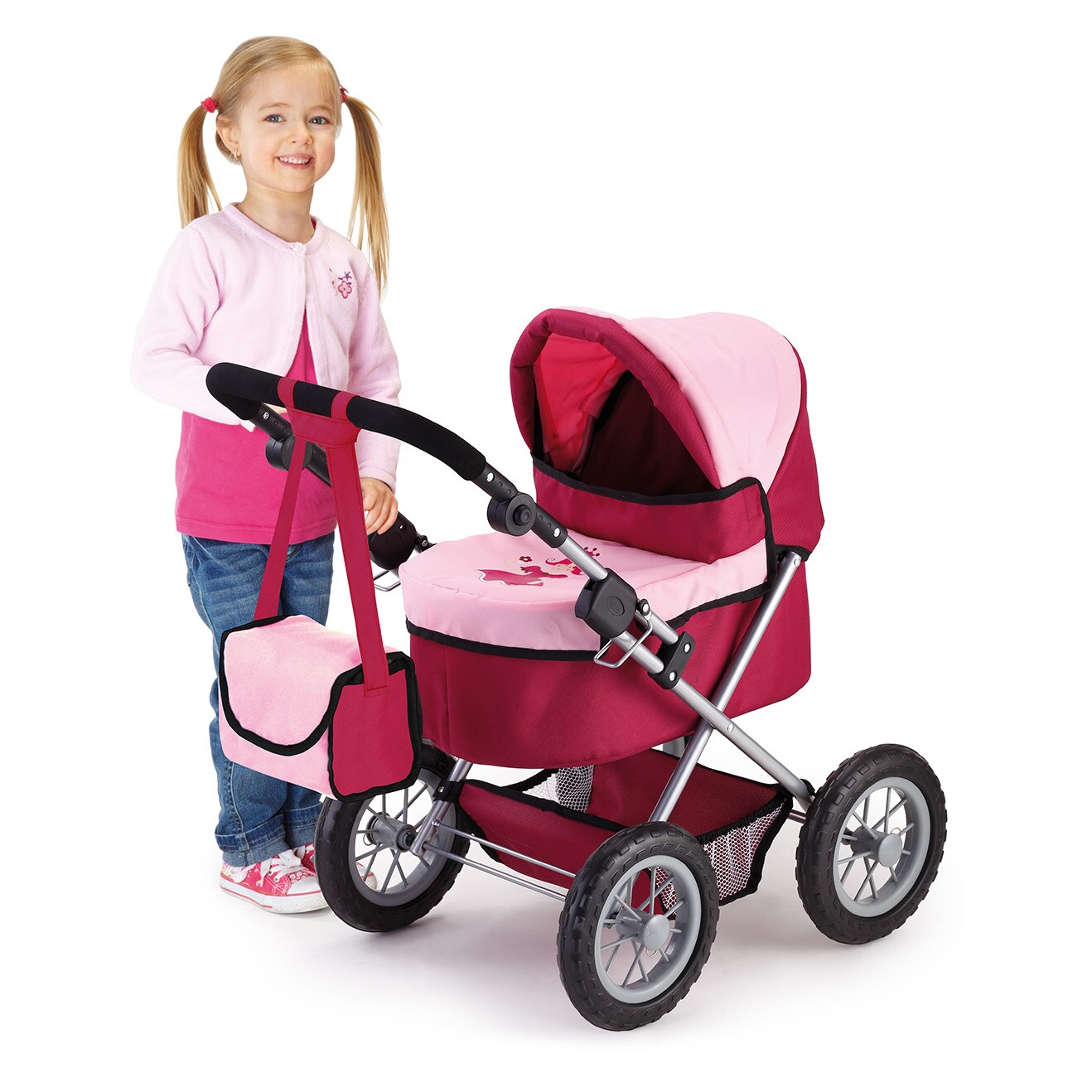 Trendy Pram Stroller For Toy Baby Dolls - Red/Pink