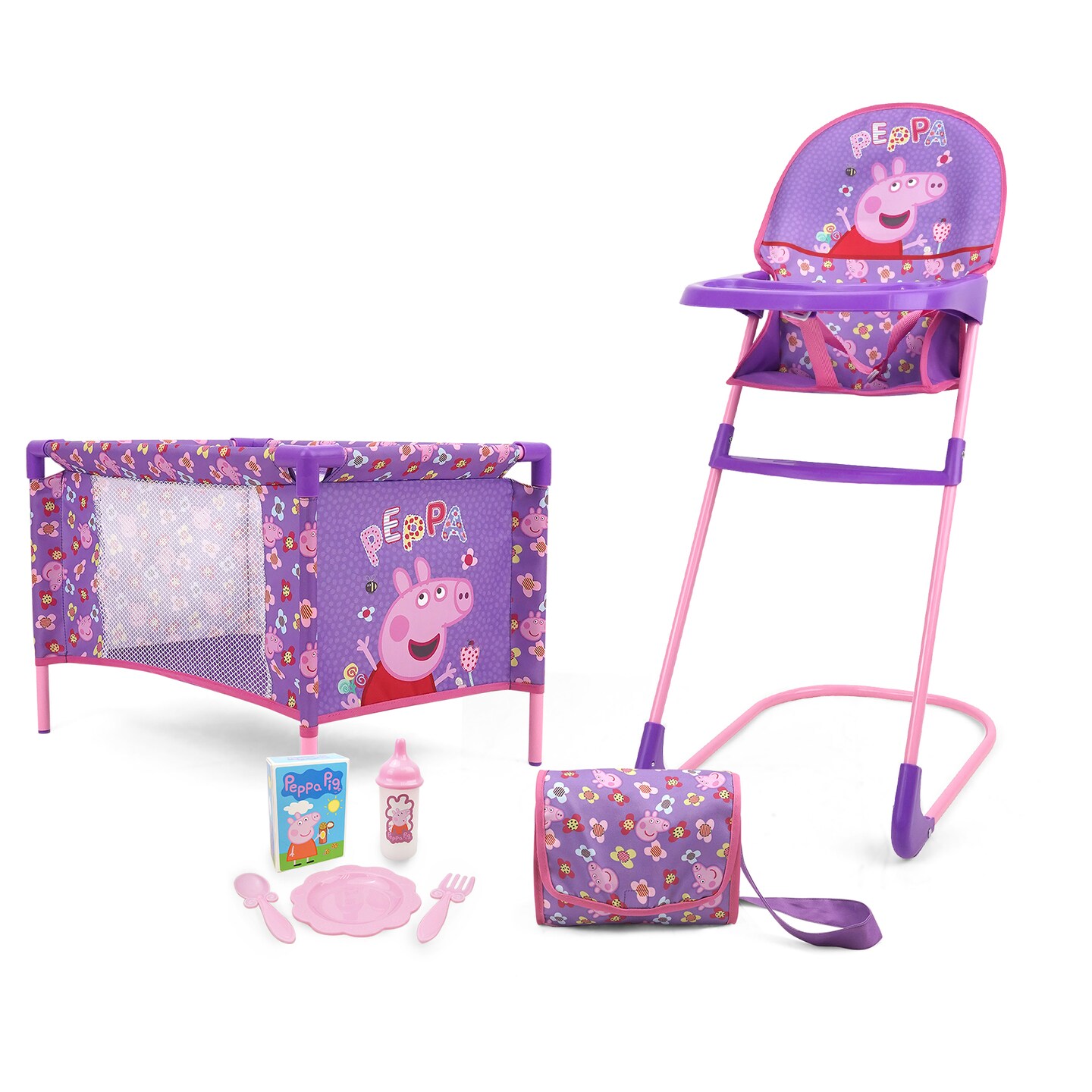 Peppa Pig: At Home 8pc Set - Purple, Pink, Flowers - Play Yard, Highchair, Handbag, Feeding Accessories, For Dolls Up To 18&#x22;, Kids Toy, Ages 3+