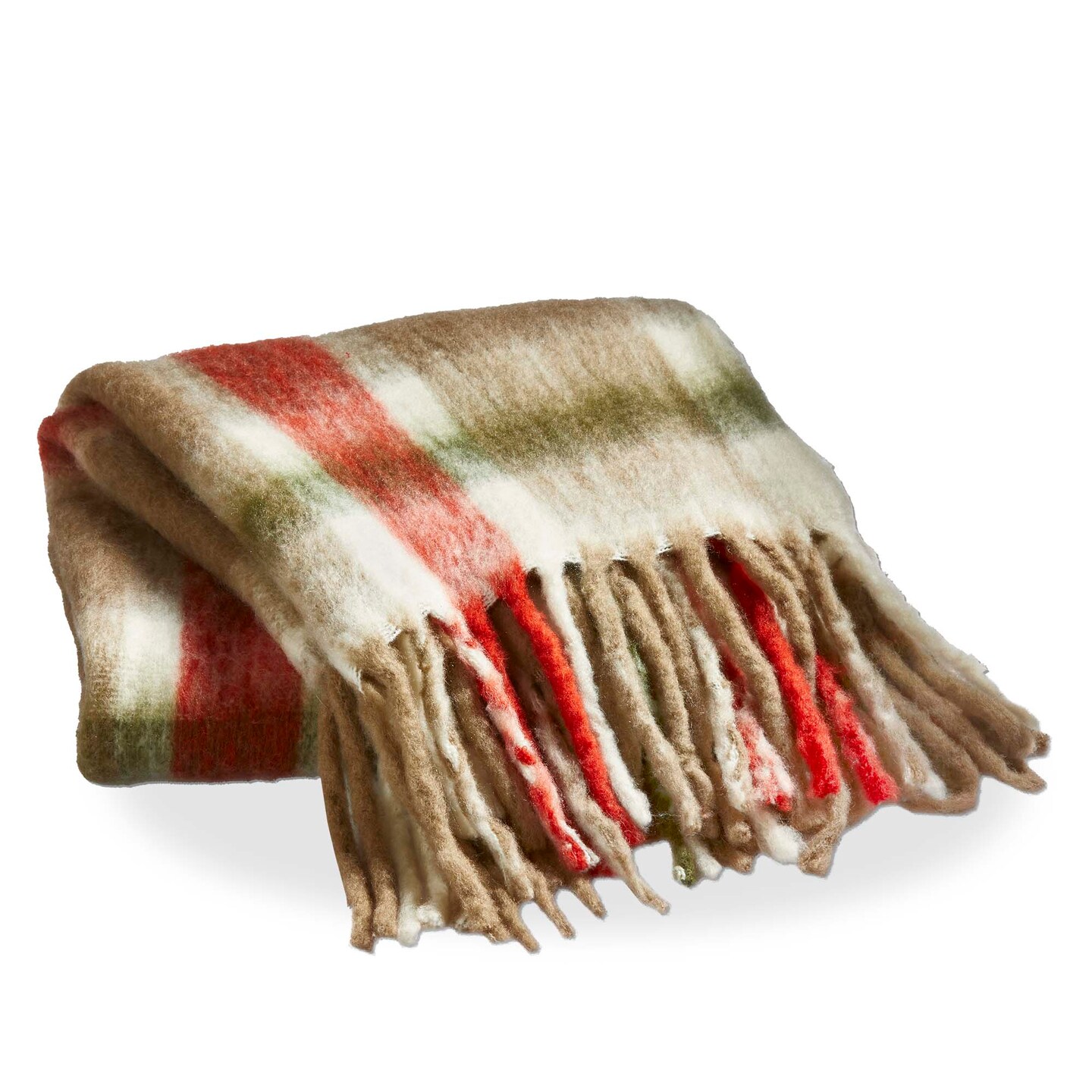 Sno Plaid Acrylic Decorative Throw for Sofa or Bed, Red and Green Plaid with Fringe 50L x 60W in.