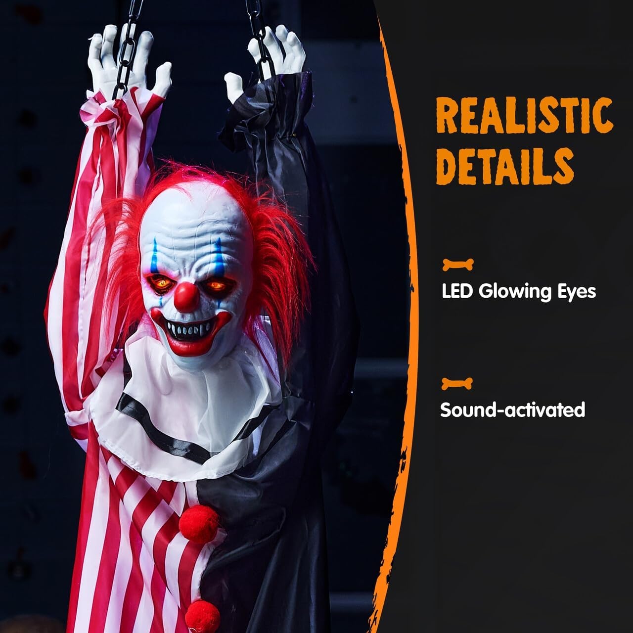 Halloween Hanging Scary Clown Decorations with Chain, 65" Sound Activated LED Lights Halloween Animatronics Yard Decorations Halloween Decorations Outdoor Indoor Haunted House Halloween Decor