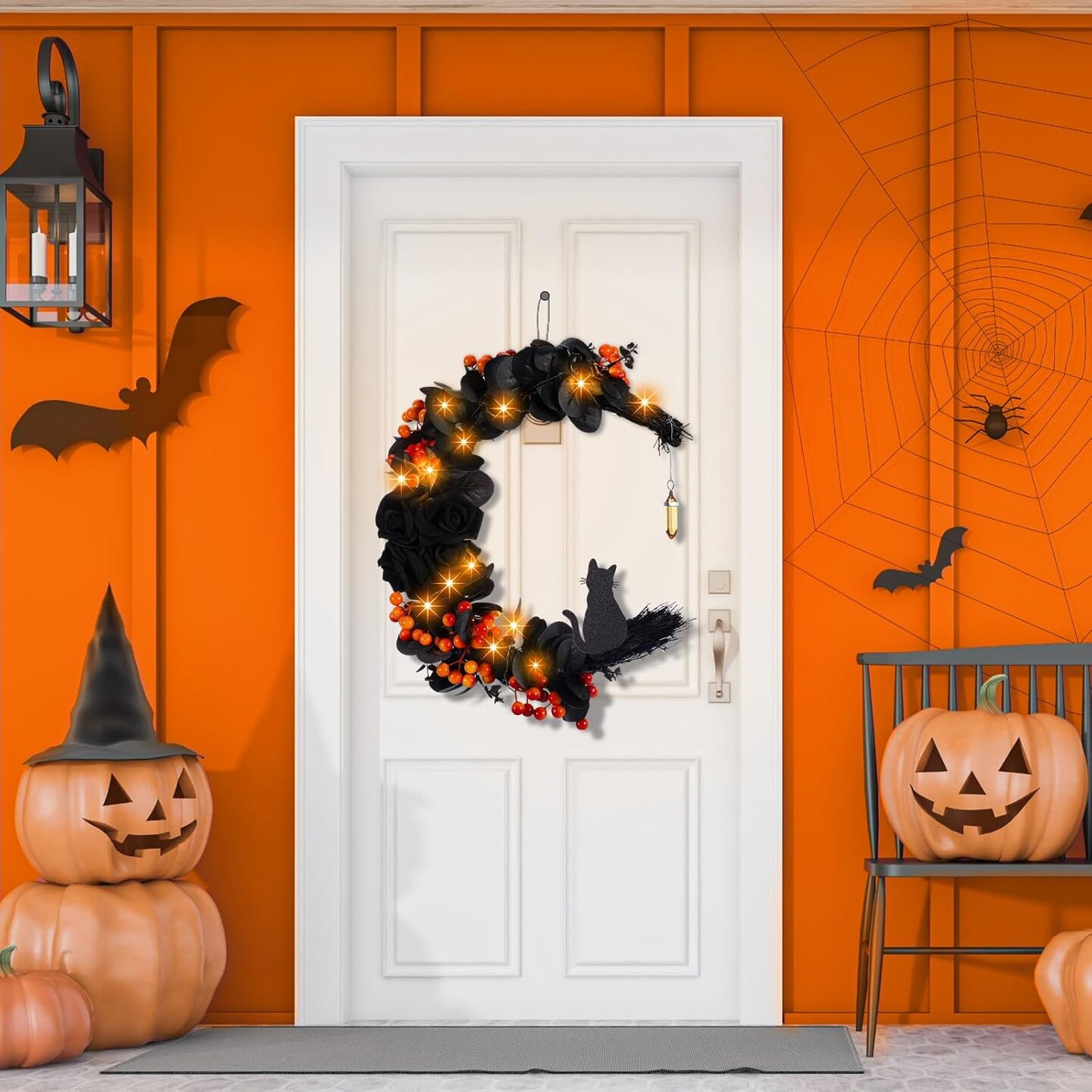 Halloween Wreaths Moon Cat