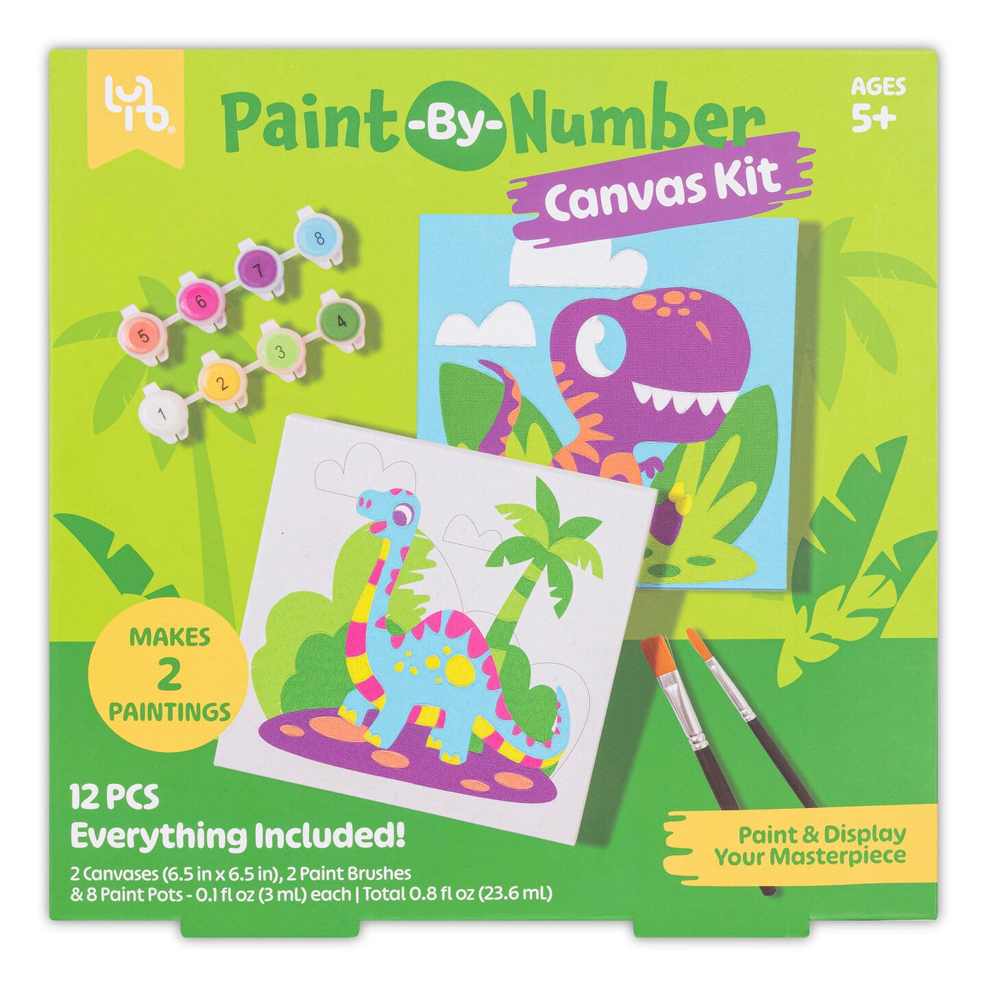 Little Yellow Bicycle: Dino Paint-By-Number Canvas Kit - All-In-1 Art Set, 2 Dinosaur Paintings, 8 Non-Toxic Paint Pots &#x26; 2 Brushes, Kids Ages 5+