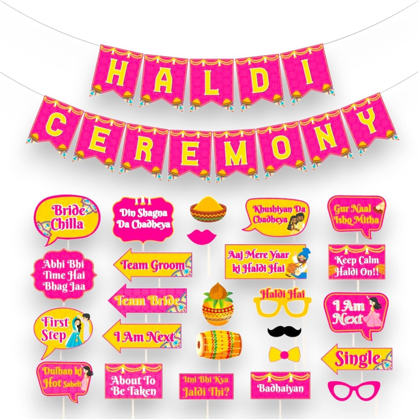 25 Pcs Haldi Photo Booth Party Props &#x26; 1 Pcs Haldi Ceremony Banner Wedding Photoshoot Haldi Decoration Marriage Props for Bride and Family